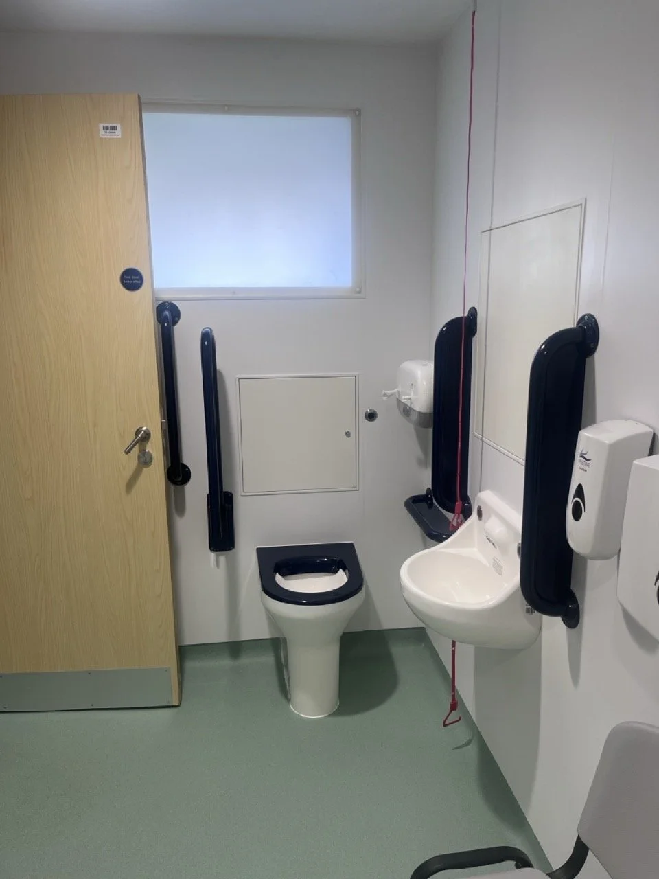 A white-walled disabled toilet in a healthcare location with sage green Lino floor. A red emergency pull hangs from the ceiling.