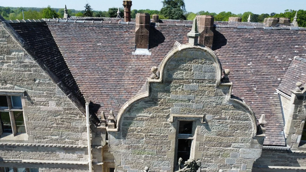 Closeup of the eaves of an old Scottish stone house.
