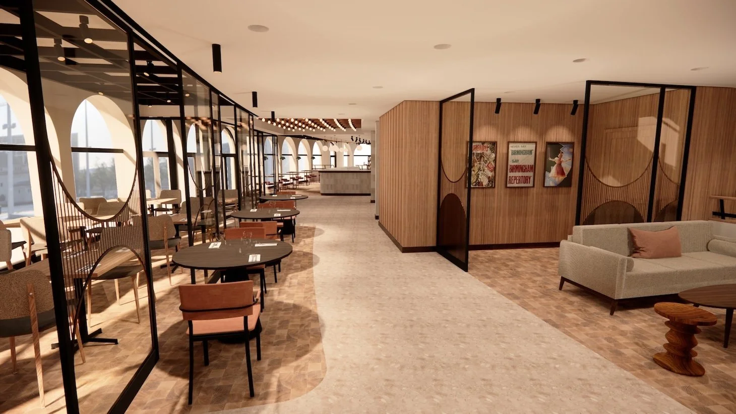 Large, empty leisure venue with rows of mahagony circular tables with pairs of dark coral chairs either side.