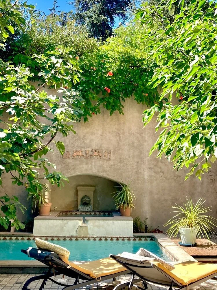 Une piscine entourée de plantes vertes, avec deux chaises longues jaunes et une fontaine en pierre au fond, dans un jardin ensoleillé.