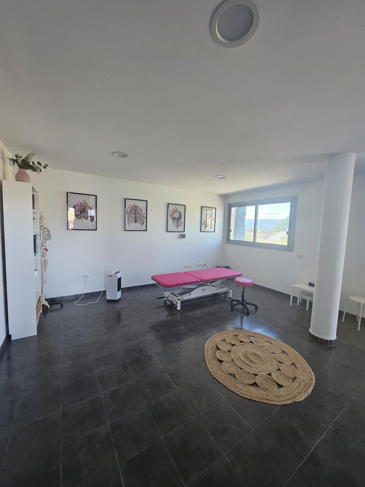 Salle de soins avec table de massage rose, chaise de bureau rose, tapis rond en corde, décor moderne, tableau d'anatomie, et grande fenêtre offrant une vue extérieure