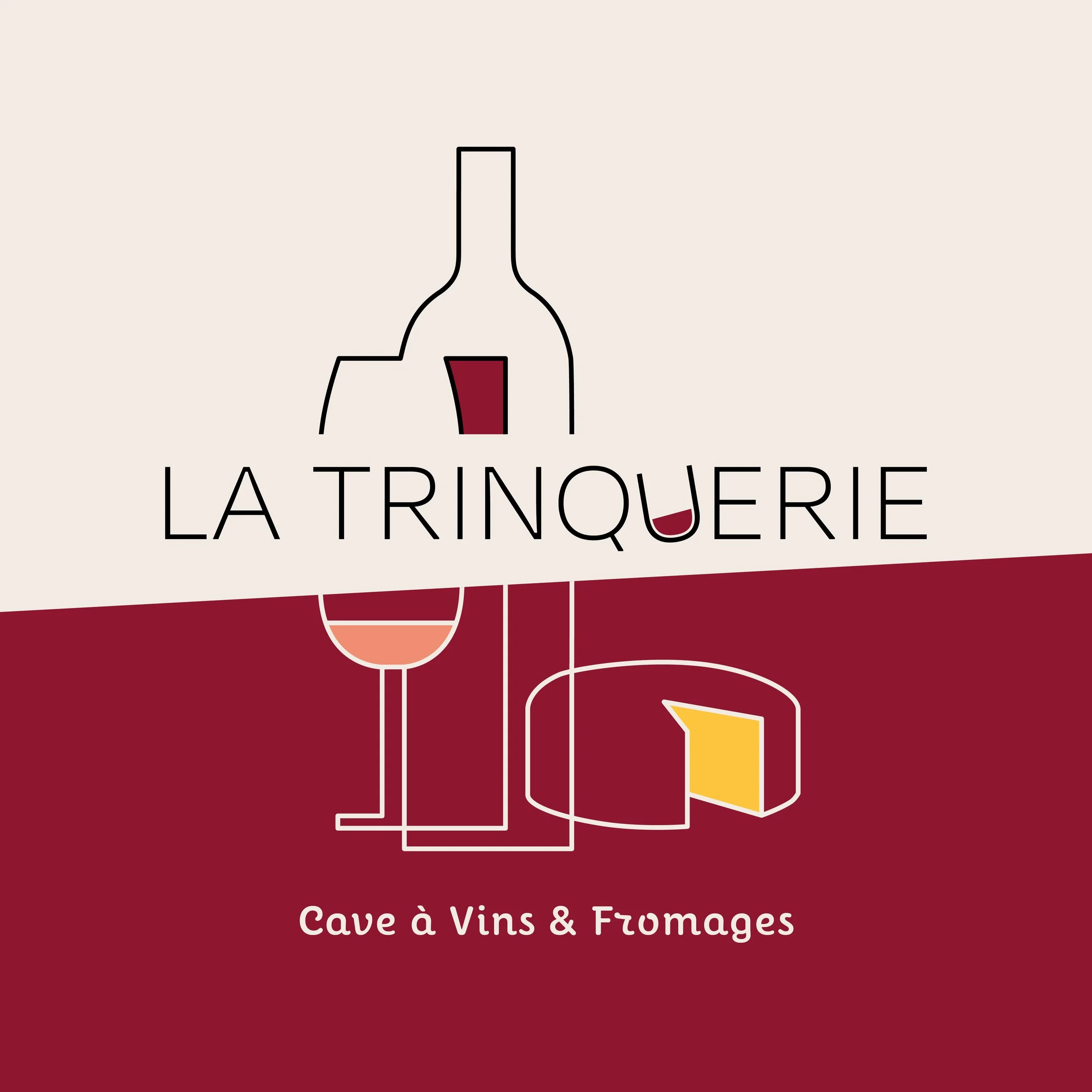 Logo minimaliste pour La Trinquerie, une cave à vins et fromages, avec des illustrations stylisées de bouteilles, verre de vin, fromage, et vin rouge, utilisant des lignes fines et des couleurs rouge, beige, et jaune.