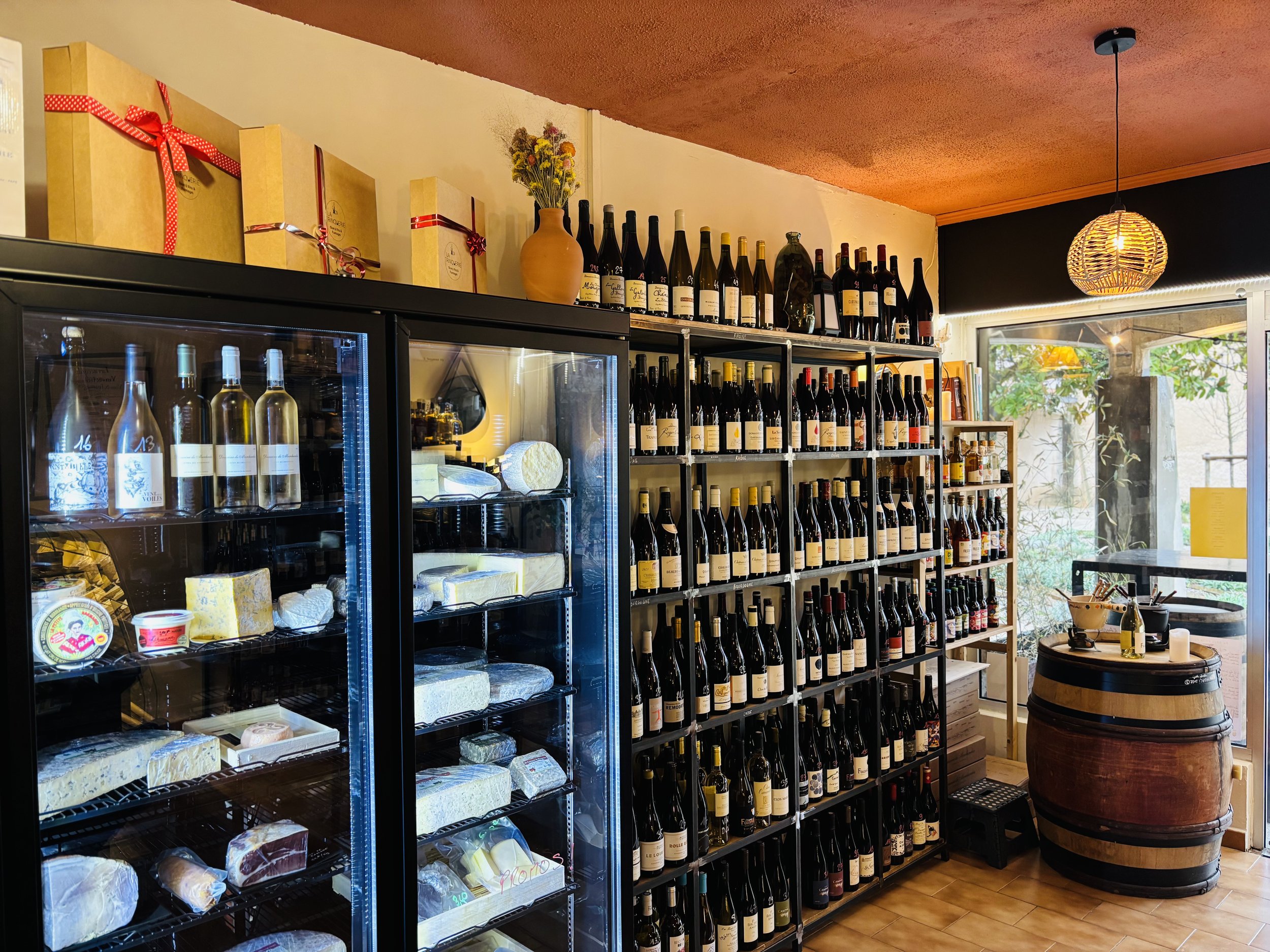 Une cave à vin avec plusieurs étagères remplies de bouteilles de vin, un réfrigérateur contenant différents fromages et produits laitiers, une grande jarre à vin ou à liquide, et un espace lumineux avec une porte-fenêtre donnant sur un jardin.