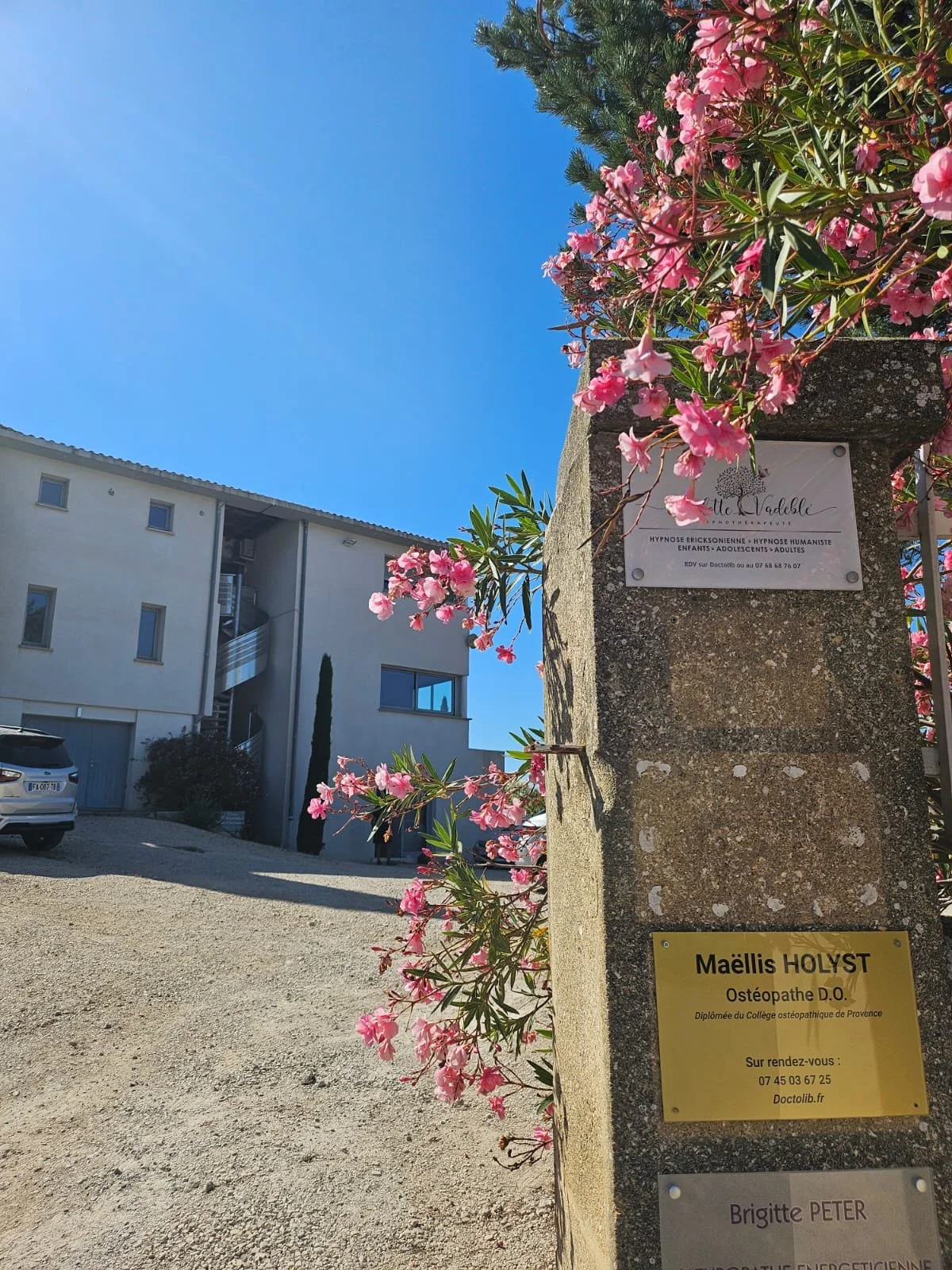 Une façade de bâtiment résidentiel, un parking, et un pilier en pierre orné de plantes fleuries et de plusieurs plaques d'informations sur les services de santé et de therapies naturelles, avec un ciel bleu clair en arrière-plan.