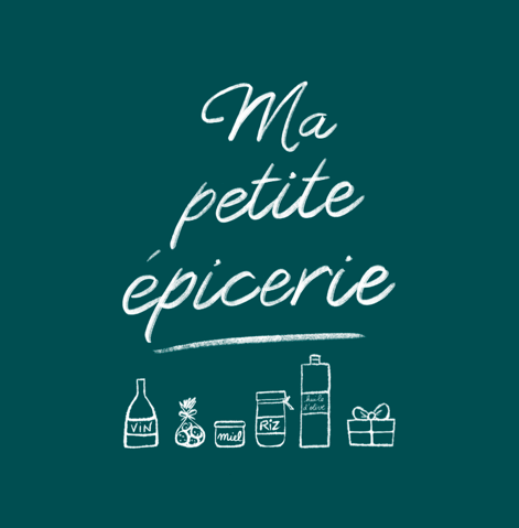 Texte en français disant "Ma petite épicerie" avec des dessins de bouteilles, un piment, un pot de miel, un sac de riz, une bouteille, et une boîte cadeau.
