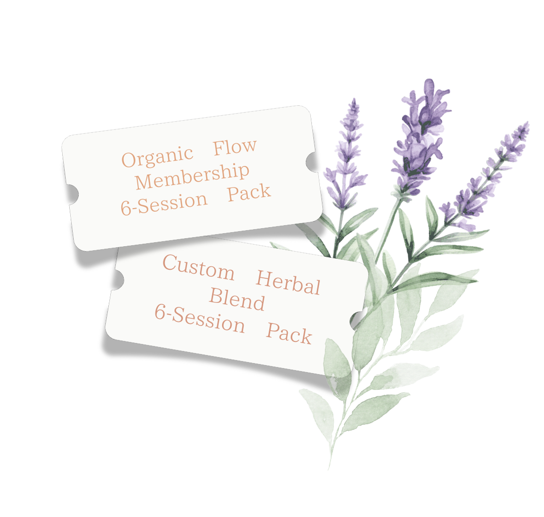 Two product tickets with text, placed on a sprig of lavender flowers. One ticket reads 'Organic Flow Membership 6-Session Pack', and the other reads 'Custom Herbal Blend 6-Session Pack'.