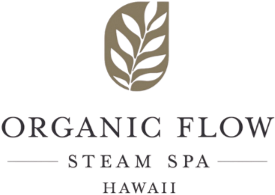 Logo for Organic Flow Steam Spa Hawaii with a leaf design above the text