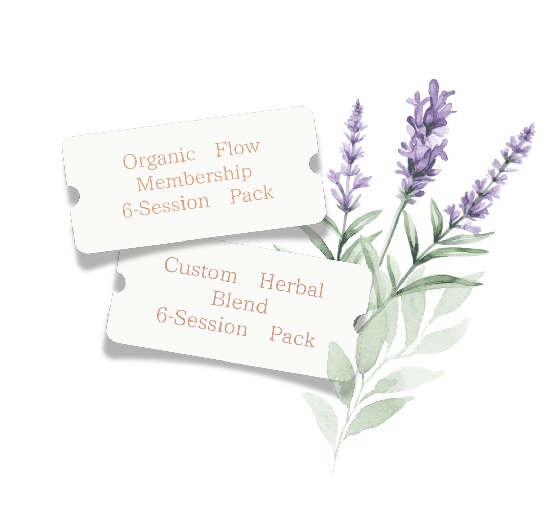 Two product tickets with text, placed on a sprig of lavender flowers. One ticket reads 'Organic Flow Membership 6-Session Pack', and the other reads 'Custom Herbal Blend 6-Session Pack'.