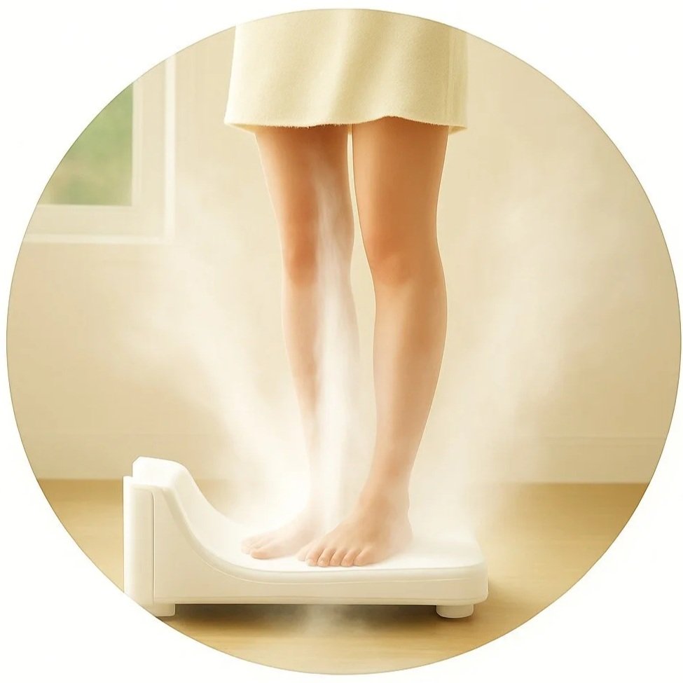 Person standing on a glass body composition scale with a digital display, with steam rising from the scale.