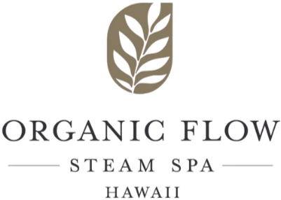 Logo of Organic Flow Steam Spa Hawaii with a stylized leaf design above the text
