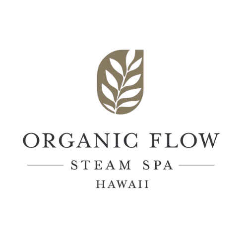 Logo for Organic Flow Steam Spa Hawaii featuring a leaf illustration above the spa name.