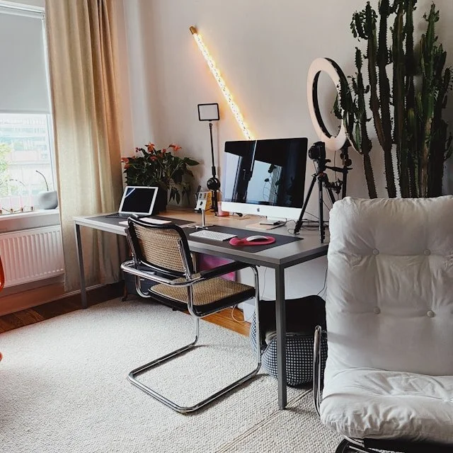 A home office with a desk, computer, tablet, ring light, bookshelf, office chair, and large cactus plant.