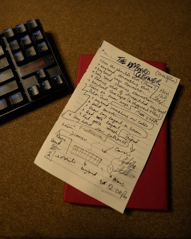 Handwritten notes about a keyboard project on a lined sheet of paper, with sketches and annotations, placed on a red book. Part of a black keyboard is visible in the top left corner.