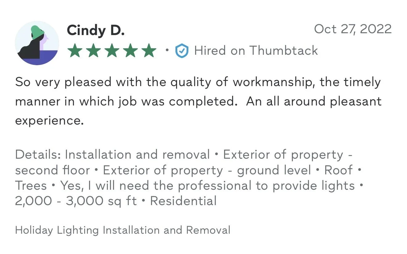 A customer review for a home improvement service, dated October 27, 2022, with a five-star rating, mentioning satisfaction with workmanship and timely completion.