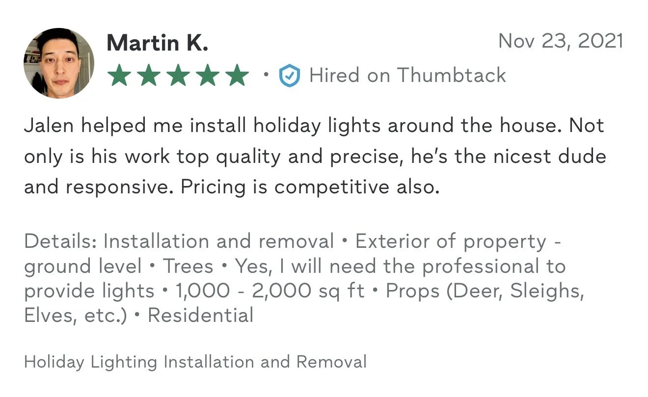 Customer review of a handyman service for holiday lights installation, dated November 23, 2021, with a profile picture of a man, a 5-star rating, and verified by Thumbtack.