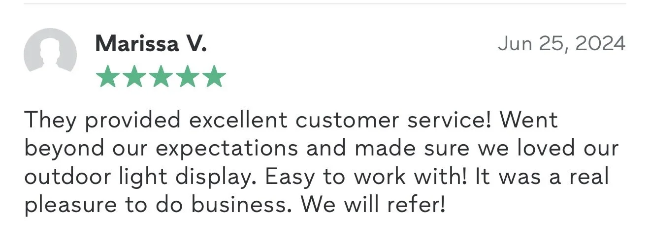 Customer review with five stars, dated June 25, 2024, praising excellent customer service and outdoor light display.