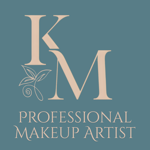 Logo with large letters K, M, and M, and the text "Professional Makeup Artist" beneath a decorative leaf design, all on a teal background.