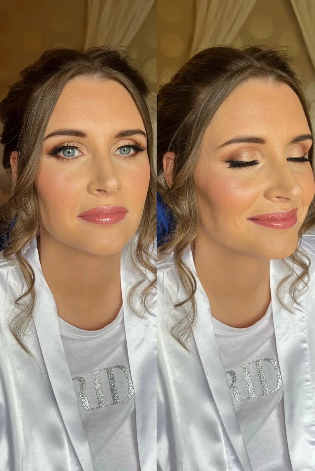 Close-up of a woman with styled hair, wearing makeup, a white satin robe, and a shirt with 'BRIDE' written on it, smiling with eyes closed in the side image and looking straight ahead in the front image.