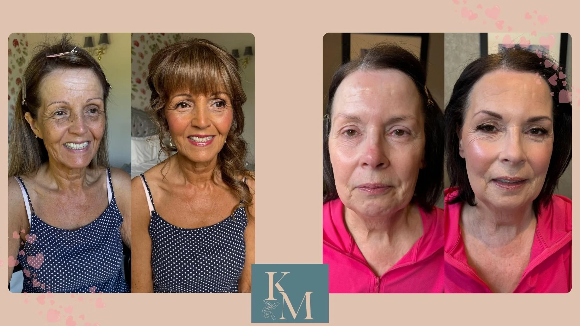 Before and after makeup by KellyMarie, showing a much improved appearance.