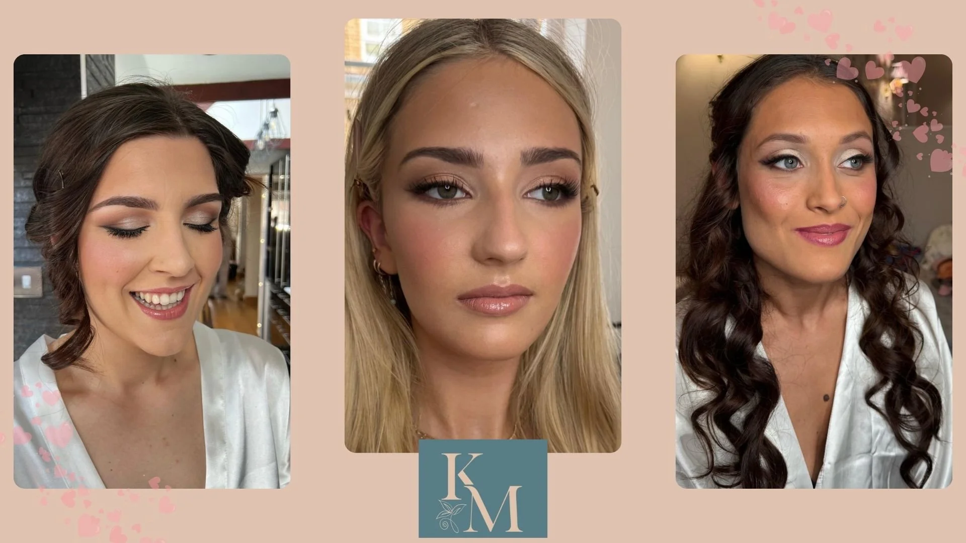 Collage of three women with styled hair and makeup, with pink background and pink heart decorations, and a monogram with the letters K and M at the bottom center.