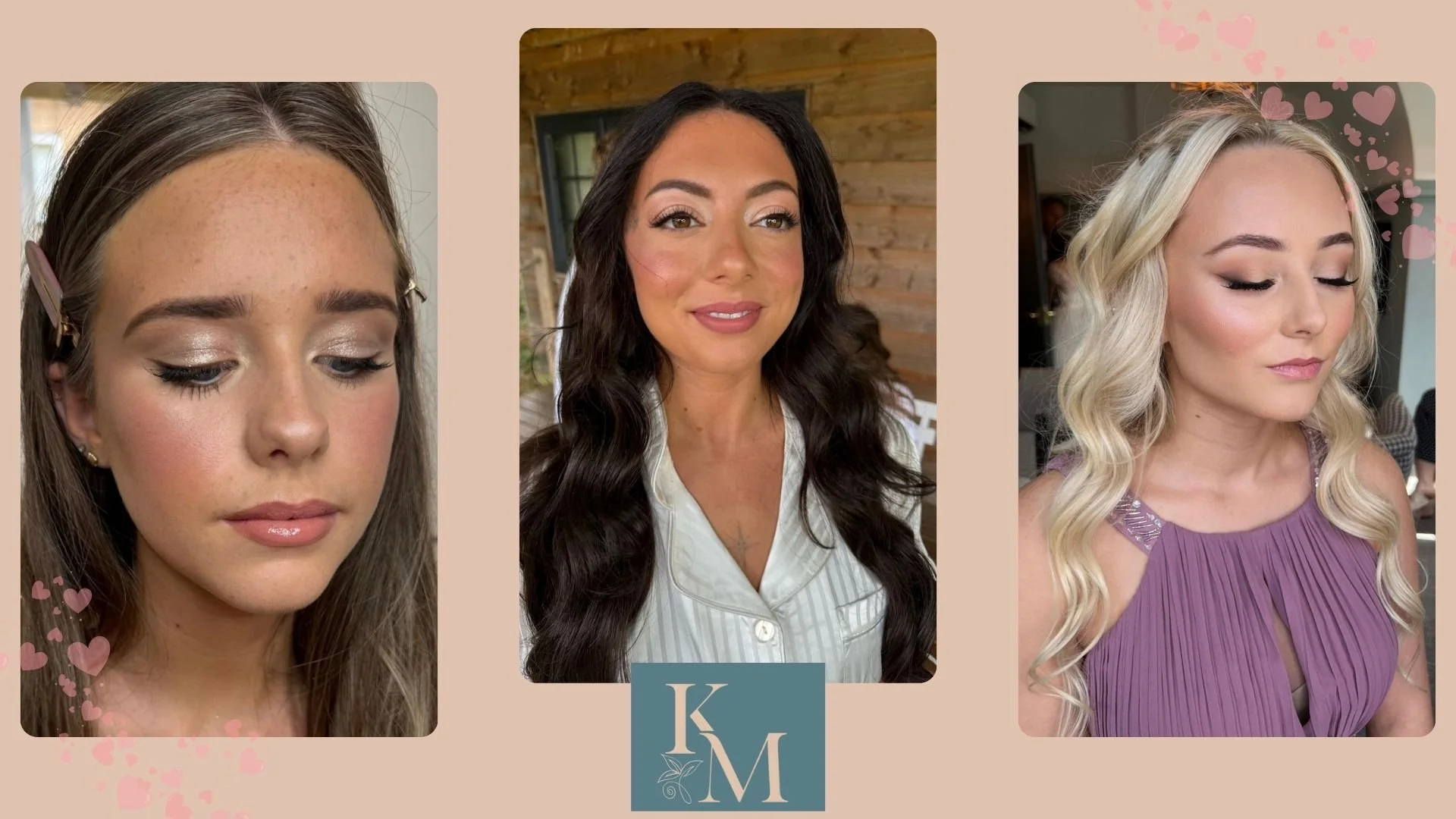 A collage of three women with different hairstyles and makeup, featuring warm and neutral tones, with pink heart accents at the corners.