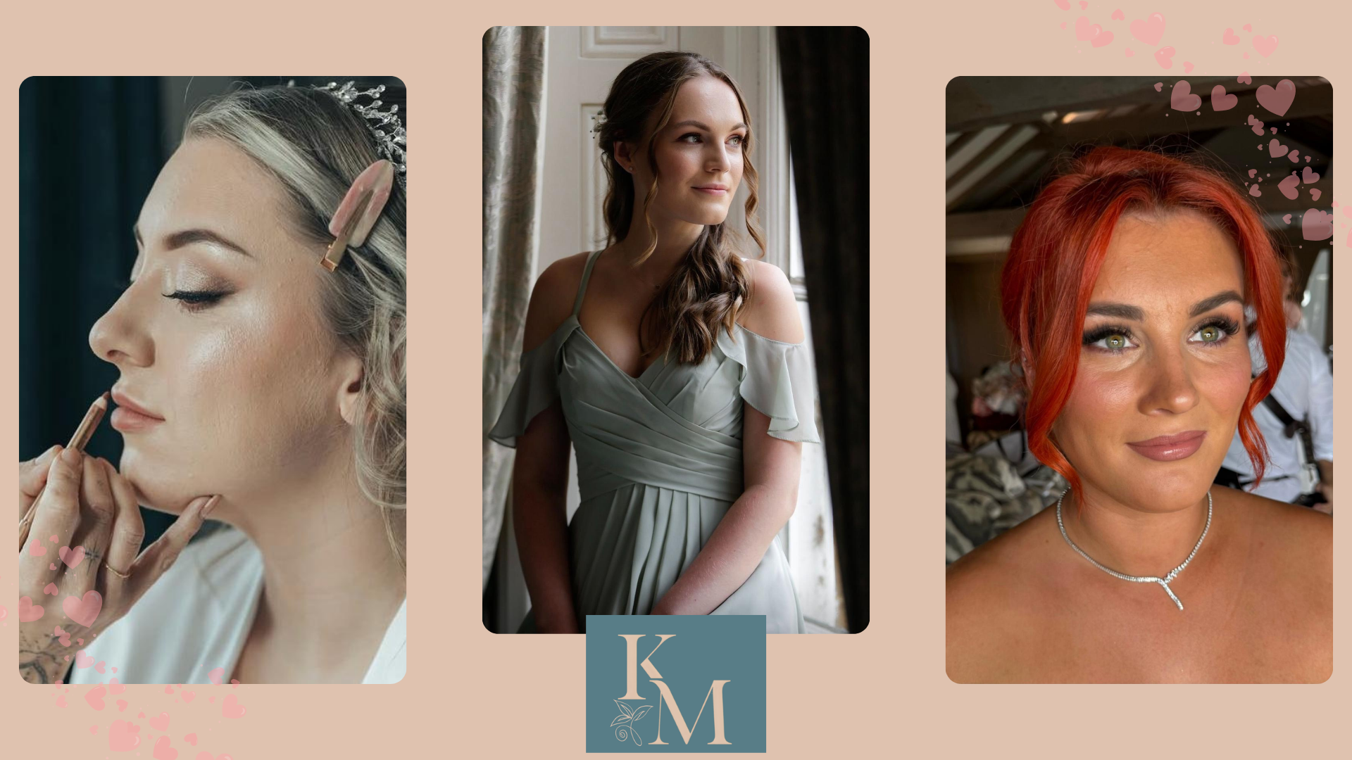 Collection of three women, one getting makeup applied, one looking out a window, and one with vibrant red hair wearing jewelry, on a pink background with heart motifs and a logo at the bottom center.