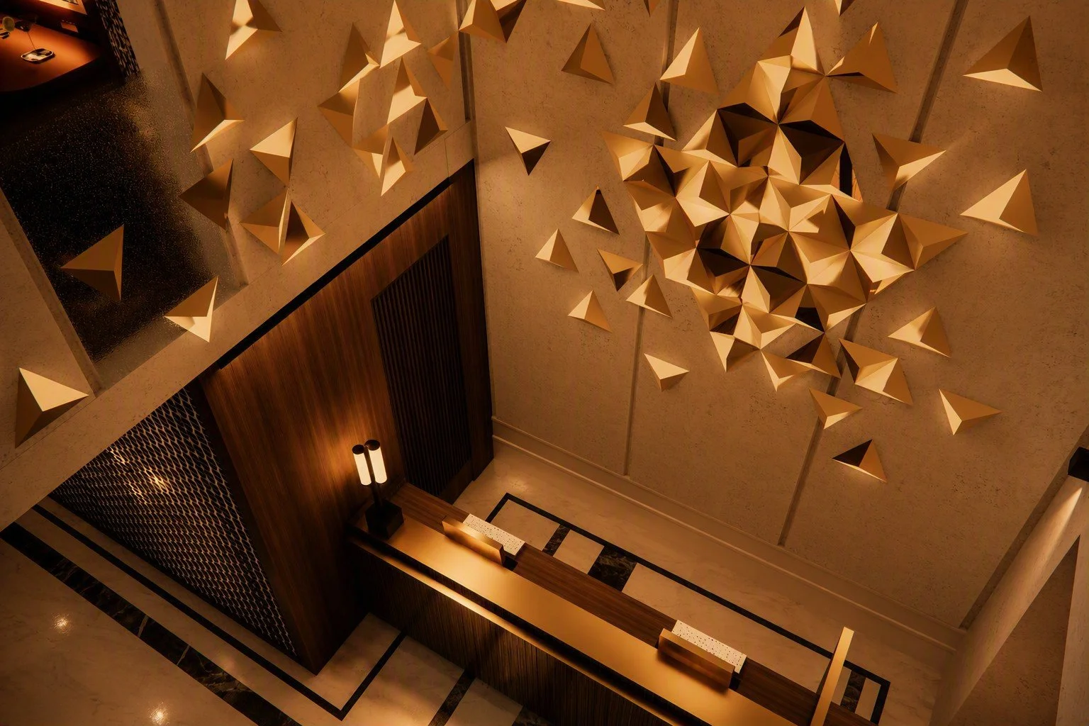 recepción a dos alturas, lobby, hotel lujo, paneles madera, luminaria