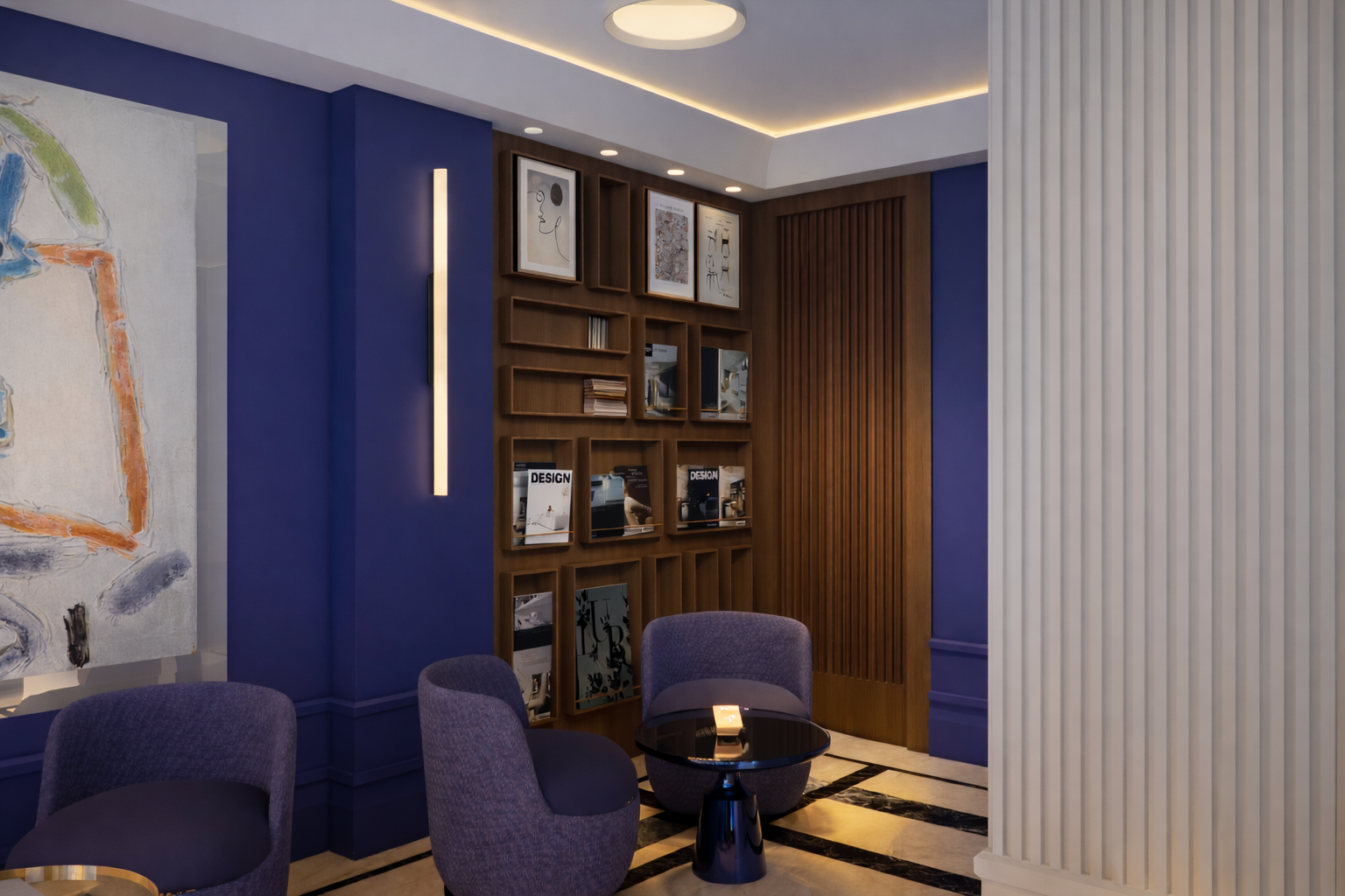 Sala elegante con estantería de madera.png