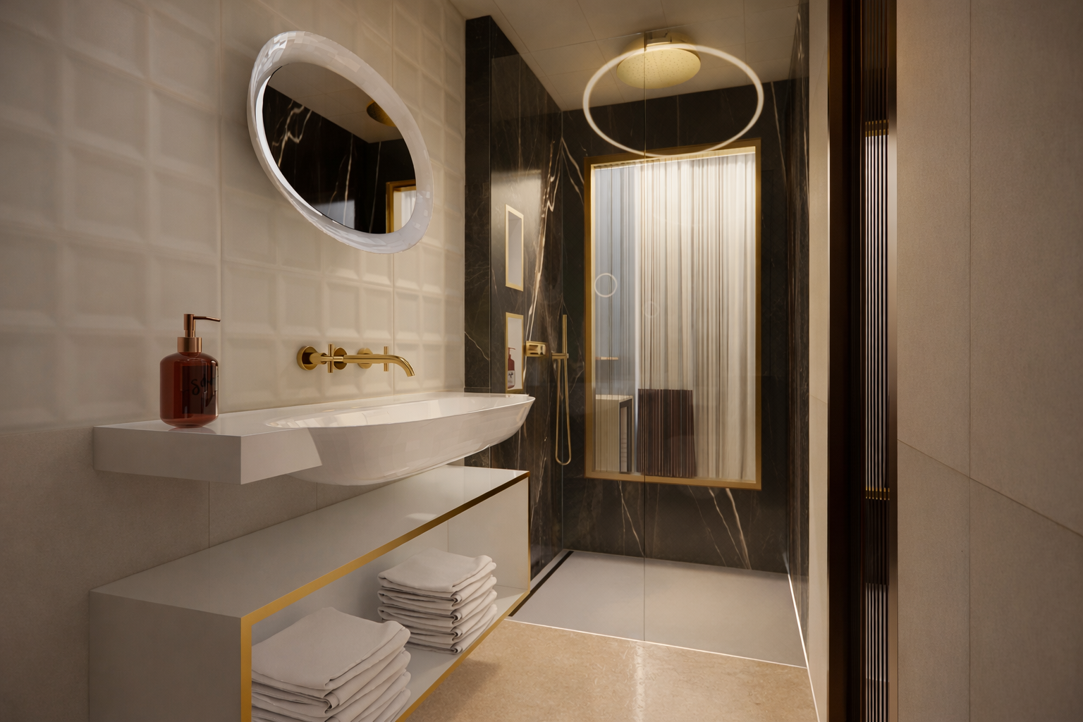 Baño de lujo con detalles dorados.png