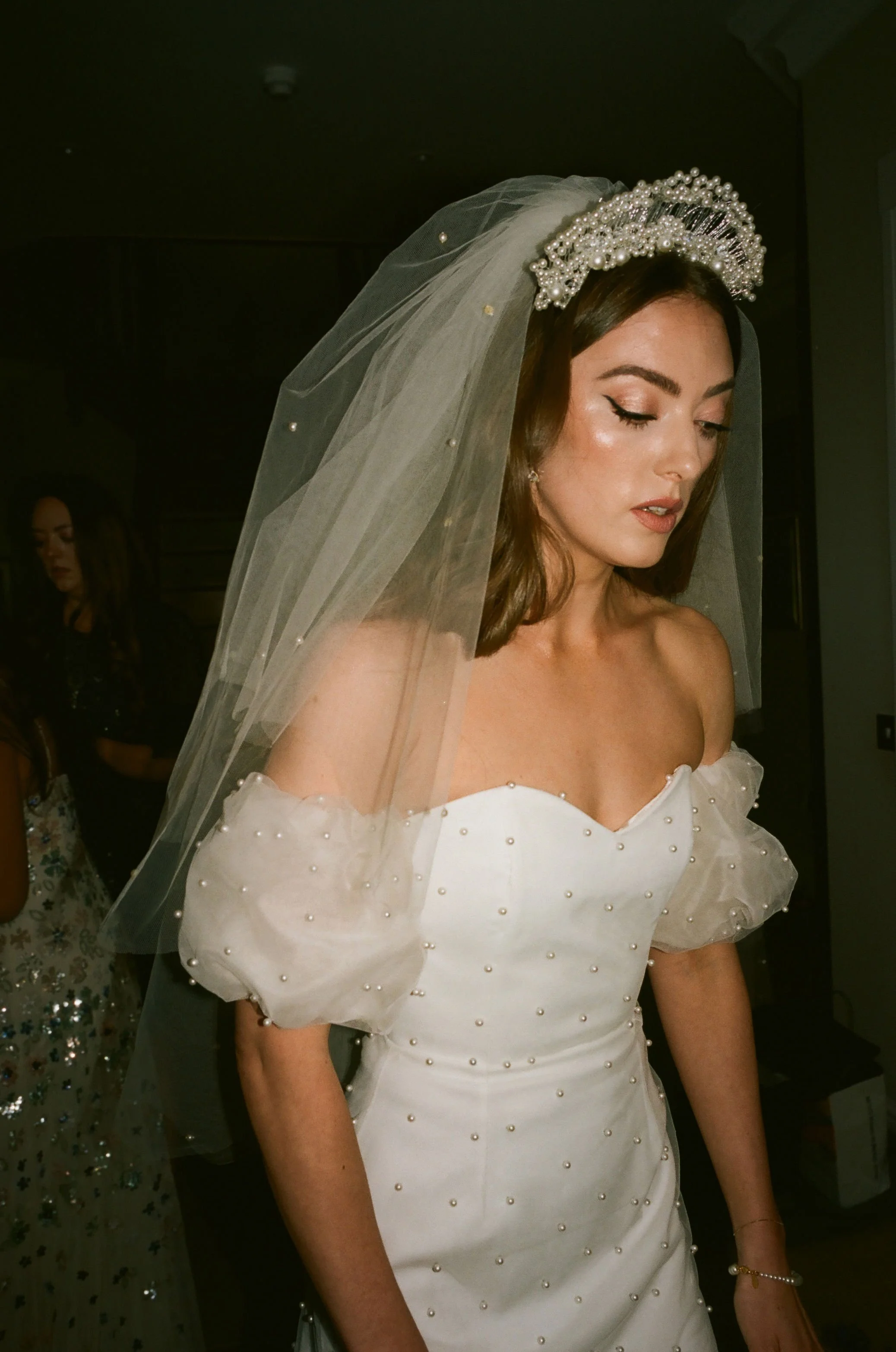 Charlotte Sweet Bespoke Wedding Dress Silk Gown Wedding Gown Destination Wedding Couture Gown Silk Gown Fashion Wedding Gown Couture Gown Pearls Veil Bridal Headpiece Puff Sleeves Silk Organza