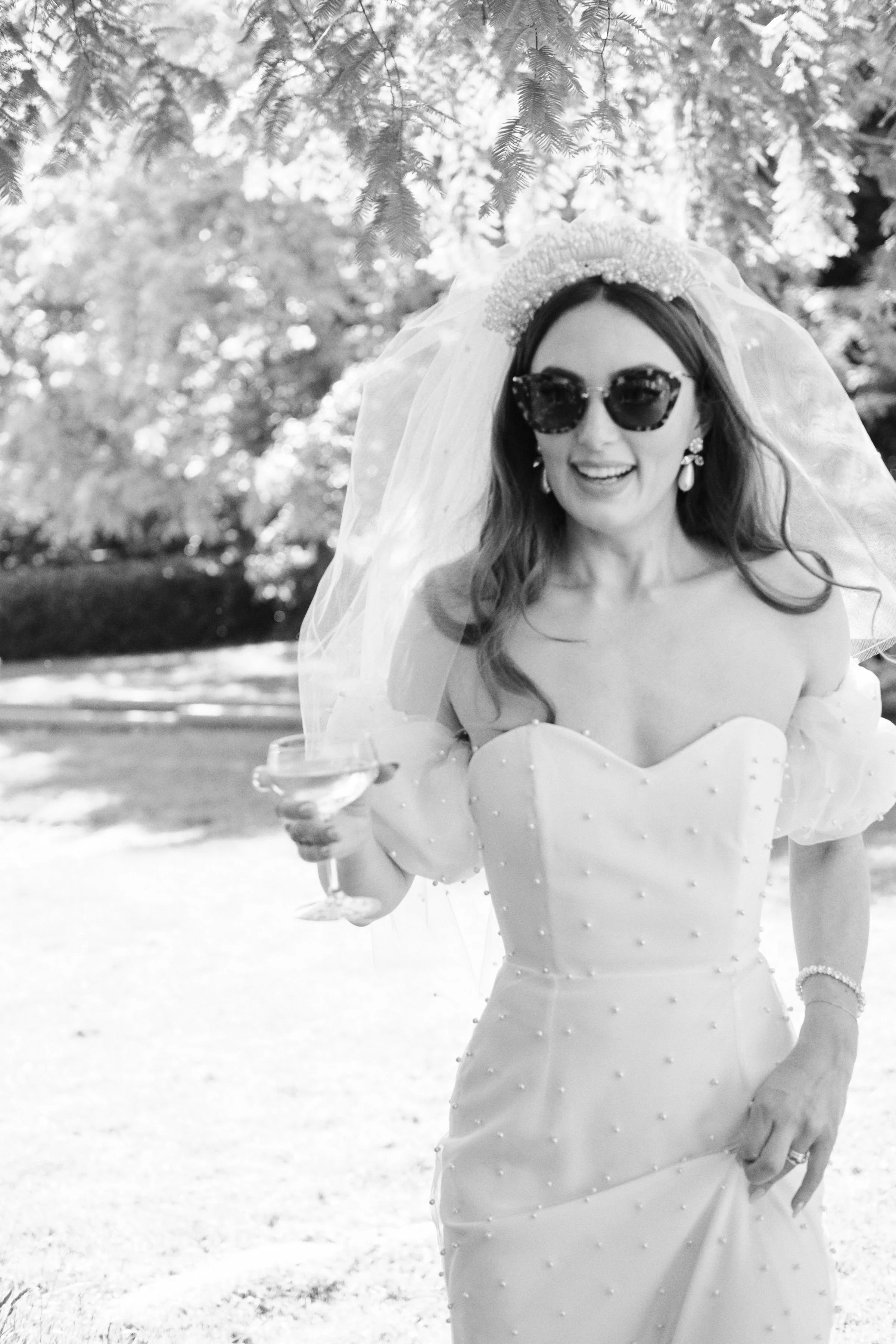 Charlotte Sweet Bespoke Wedding Dress Silk Gown Wedding Gown Destination Wedding Couture Gown Silk Gown Fashion Wedding Gown Couture Gown Pearls Pearl Buttons Pearl Gown Silk Veil Bridal Veil Bridal Sunglasses Champagne