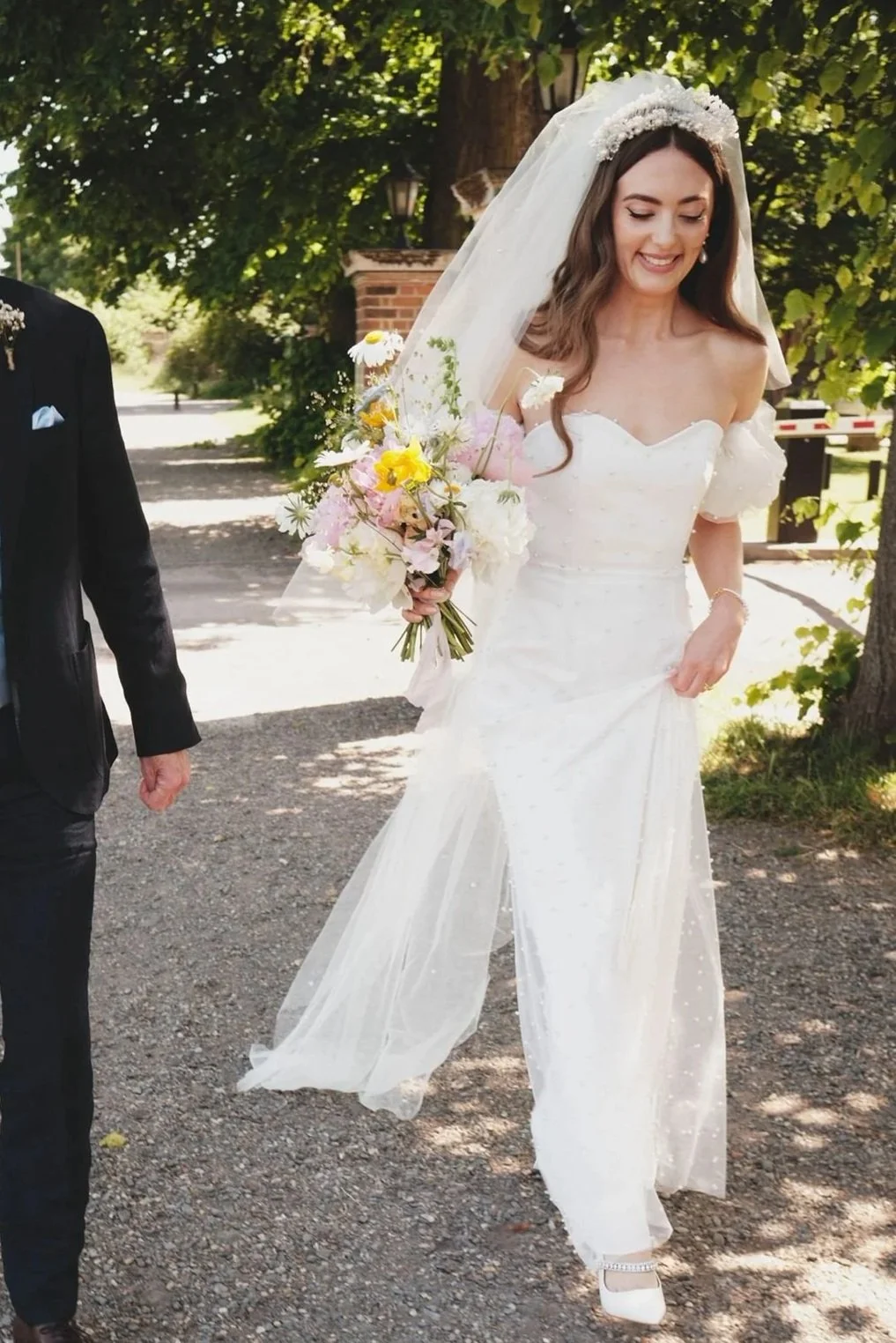 Charlotte Sweet Bespoke Wedding Dress Silk Gown Wedding Gown Destination Wedding Couture Gown Silk Gown Fashion Wedding Gown Couture Gown Pearls Veil Bridal Headpiece Puff Sleeves Silk Organza Bridal Flowers Silk Veil Bridal Shoes