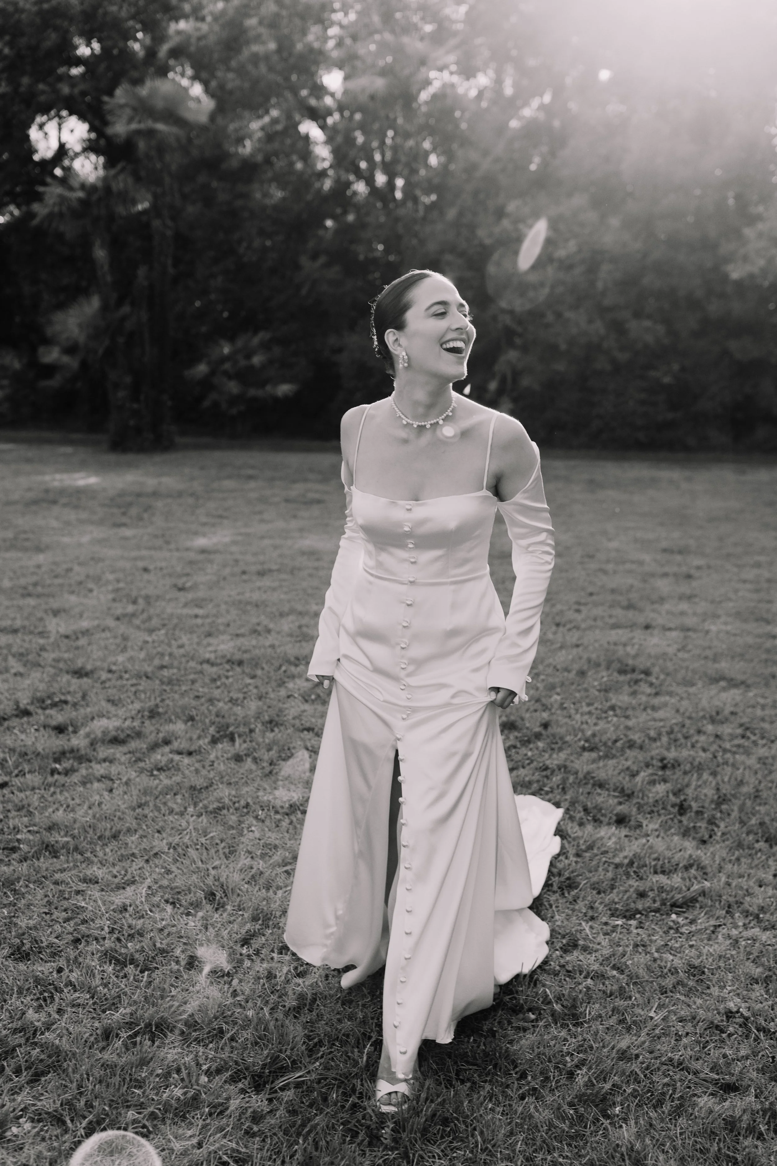 Charlotte Sweet Bespoke Wedding Dress Silk Gown Wedding Gown Destination Wedding Couture Gown Silk Gown Fashion Wedding Gown Couture Gown Pearls Pearl Buttons Crepe Gown Sleeves Off Shoulder Sleeves Wedding Dress Slit