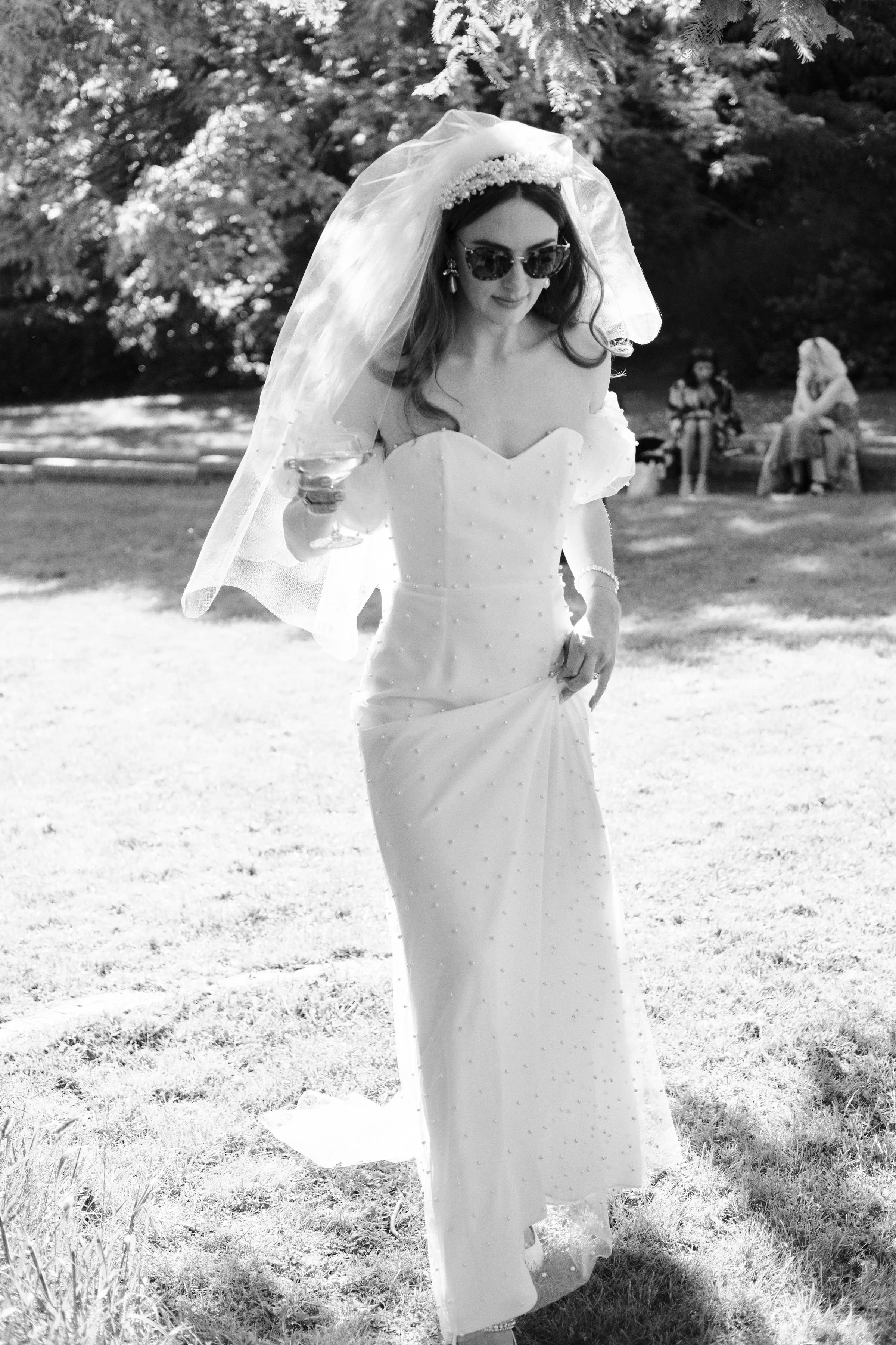 Charlotte Sweet Bespoke Wedding Dress Silk Gown Wedding Gown Destination Wedding Couture Gown Silk Gown Fashion Wedding Gown Couture Gown Pearls Veil Bridal Headpiece Puff Sleeves Silk Organza Sunglasses