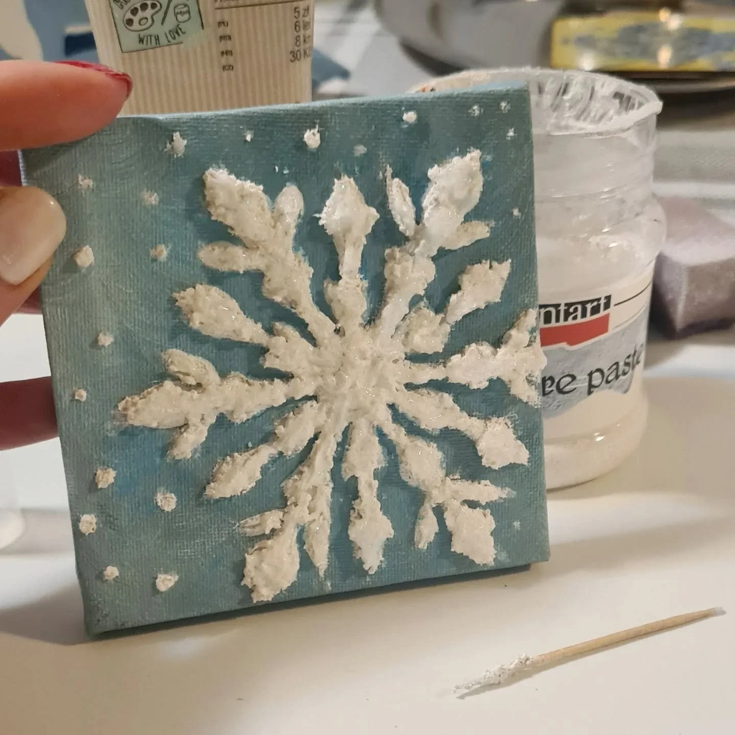 #acryliconcanvas 10&times;10cm, #structuralpaste #glitterpaint #3dpainting #snowflakepainting #nofilter