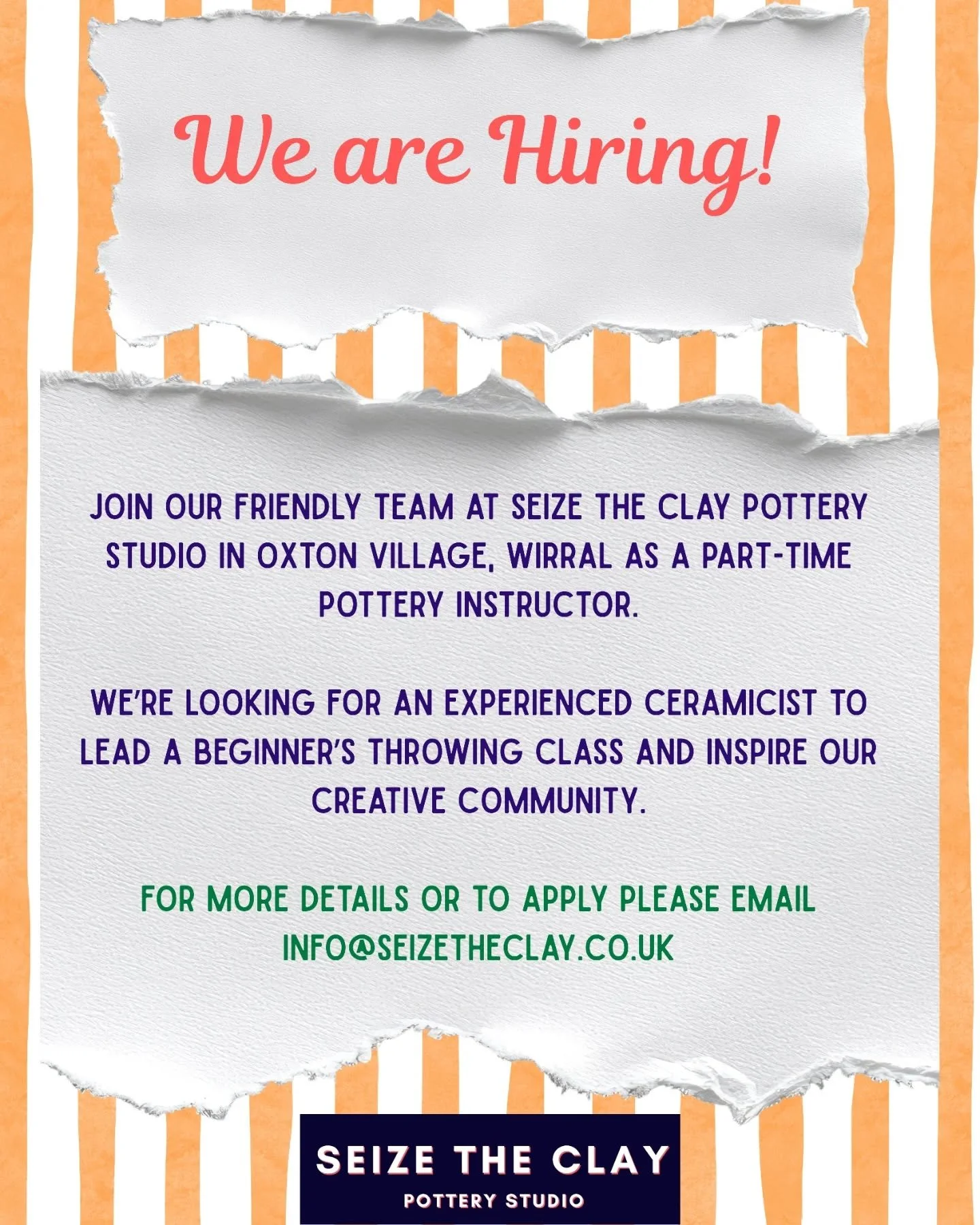 We are hiring! 🏺✨

Join the friendly team at Seize the Clay Studio in Oxton Village, Wirral as a part-time pottery instructor. 

We're looking for an experienced ceramicist to lead a beginner pottery throwing class. 

💌 For more information or to a