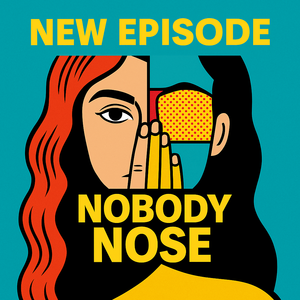 Graphic artwork with two stylized illustrated characters, one with red hair and one with black hair, facing each other. The character with black hair is holding their hand up to their face, mimicking a secret gesture. The background is teal, with bold yellow text at the top and bottom that reads 'NEW EPISODE NOBODY NOSE'.