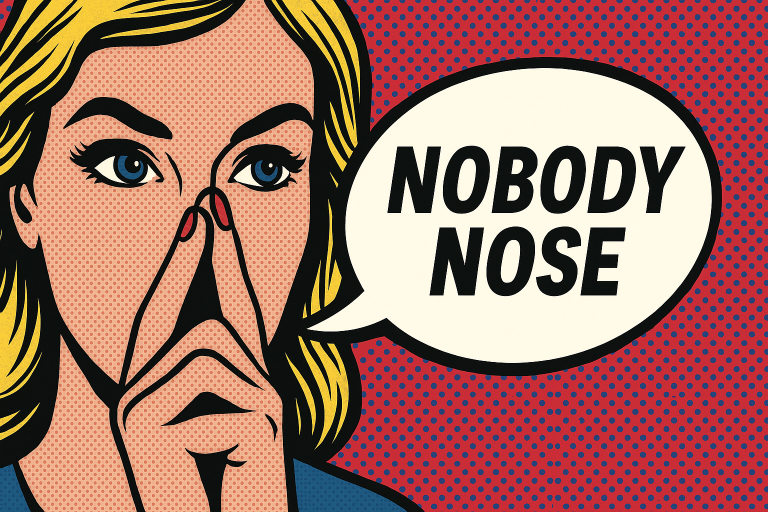 A comic-style illustration of a woman with blonde hair and blue eyes holding her finger to her nose, with a speech bubble that says "NOBODY NOSE".
