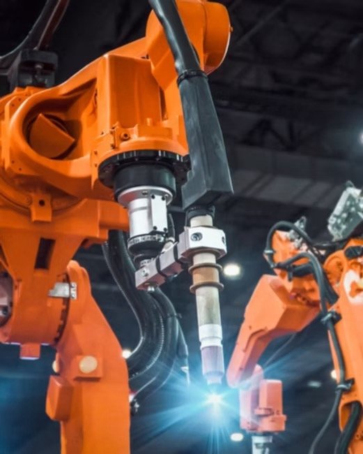 Industrial robotic arms welding at a manufacturing facility.