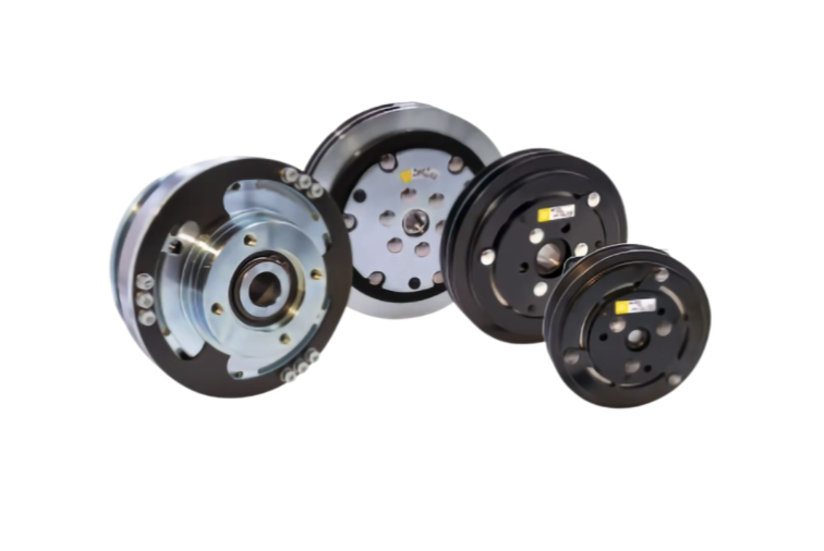 Four electromagnetic mobile clutches, two black, one gray and one with a combination of black and gray, arranged on a white background.