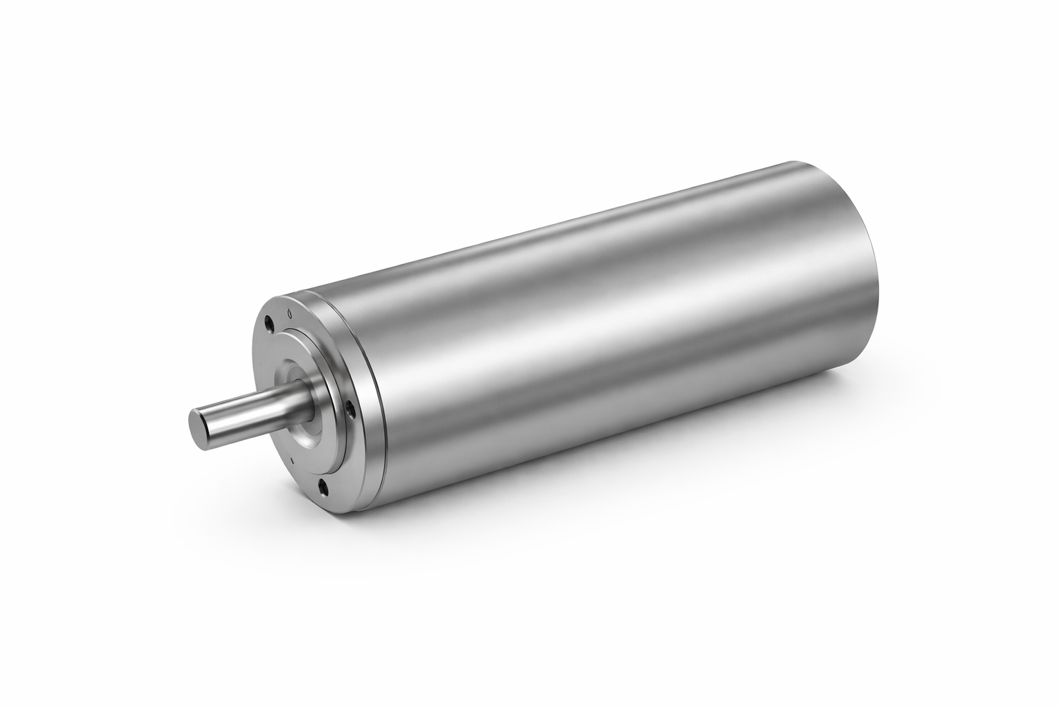 A metallic miniature precision motor with a protruding shaft on a white background.