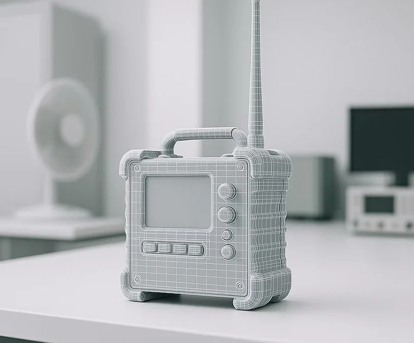 A 3D wireframe model of a communication device with an antenna, screen, and buttons on a white surface in a modern room.