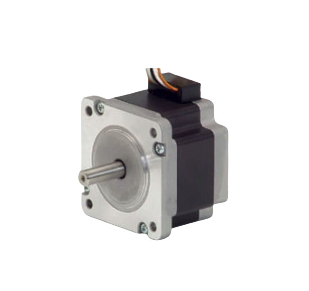 Stepper motor with a metallic front plate and a protruding metal shaft.