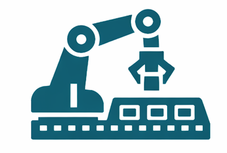Icon of robotic arm assembling parts on a conveyor belt.