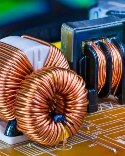 Close-up of copper wire coils and electronic components on a circuit board.