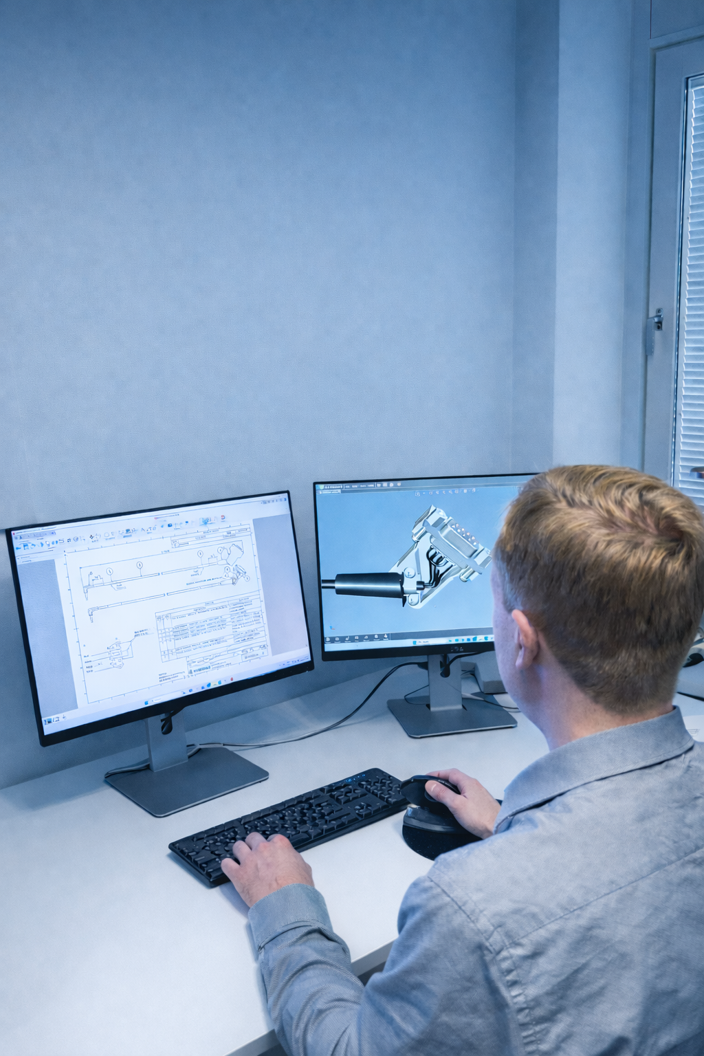 A person working at a desk on engineering design projects on two monitors, one displaying technical drawings and the other showing a 3D model of a mechanical component.