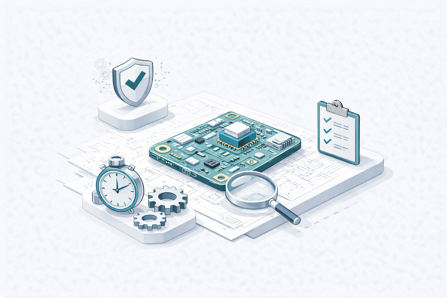 Illustration of a circuit board with a magnifying glass, stopwatch, shield with a checkmark, and clipboard with checkmarks, placed on technical drawings.
