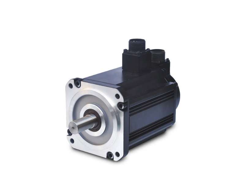 A black and silver servo motor with mounting holes and electrical connections on top.