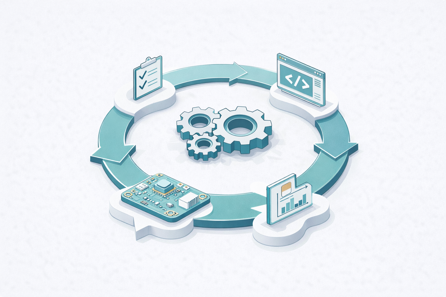 Illustration of a circular workflow with gears in the center, surrounded by icons depicting checklists, coding, hardware and data analytics, representing a technology or development process.