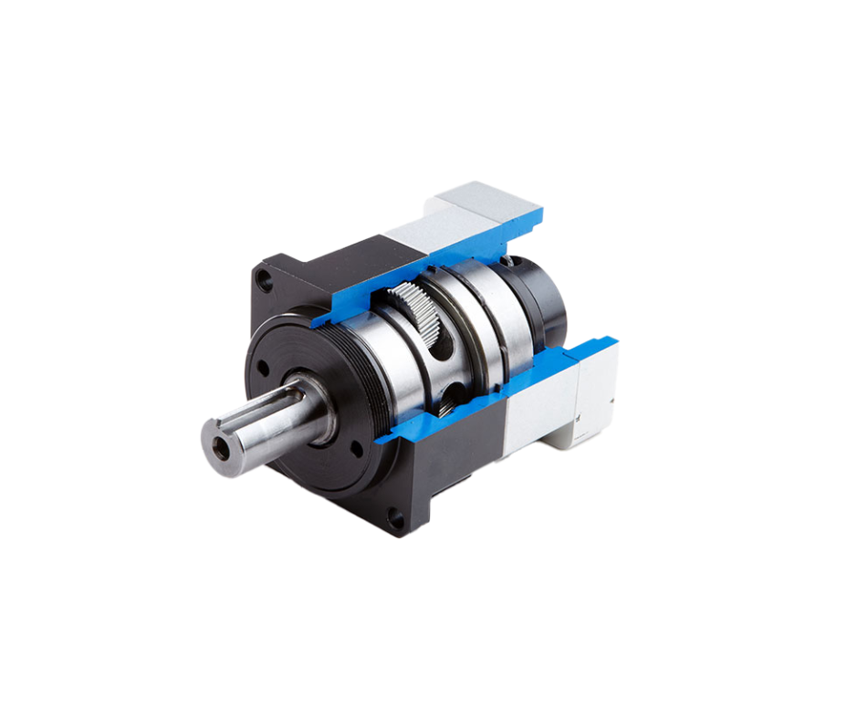 A close-up of a high-precision gearbox with black, silver, and blue components.